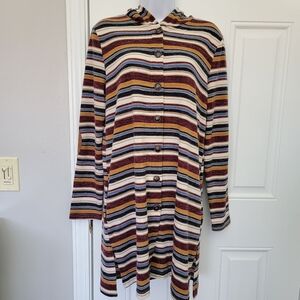 Doe And Rae Striped Multicolor Hooded Button Up Cardigan Elbow Patches Medium